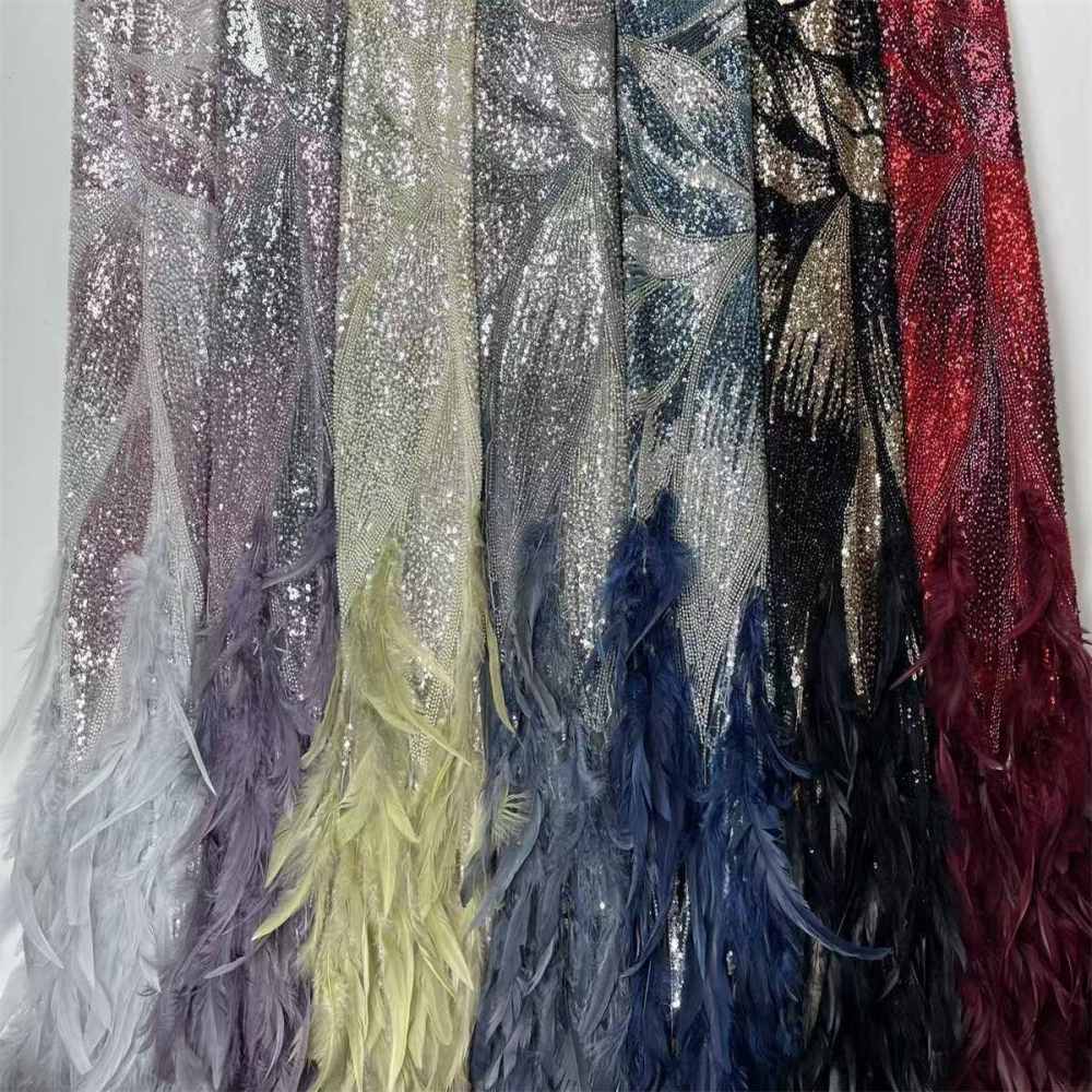 Beaded Tulle Feather 3D Floral Fabric - 5 Yards | HY017