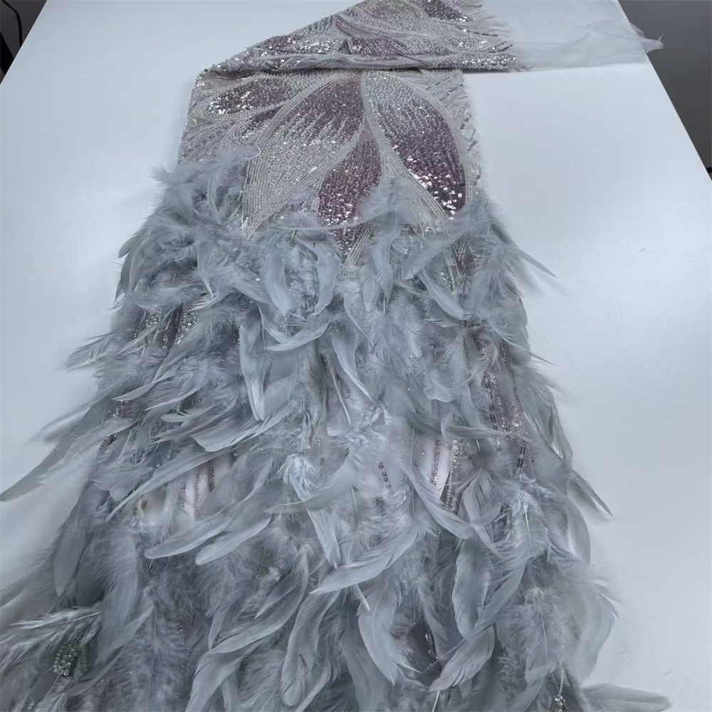 Beaded Tulle Feather 3D Floral Fabric - 5 Yards | HY017