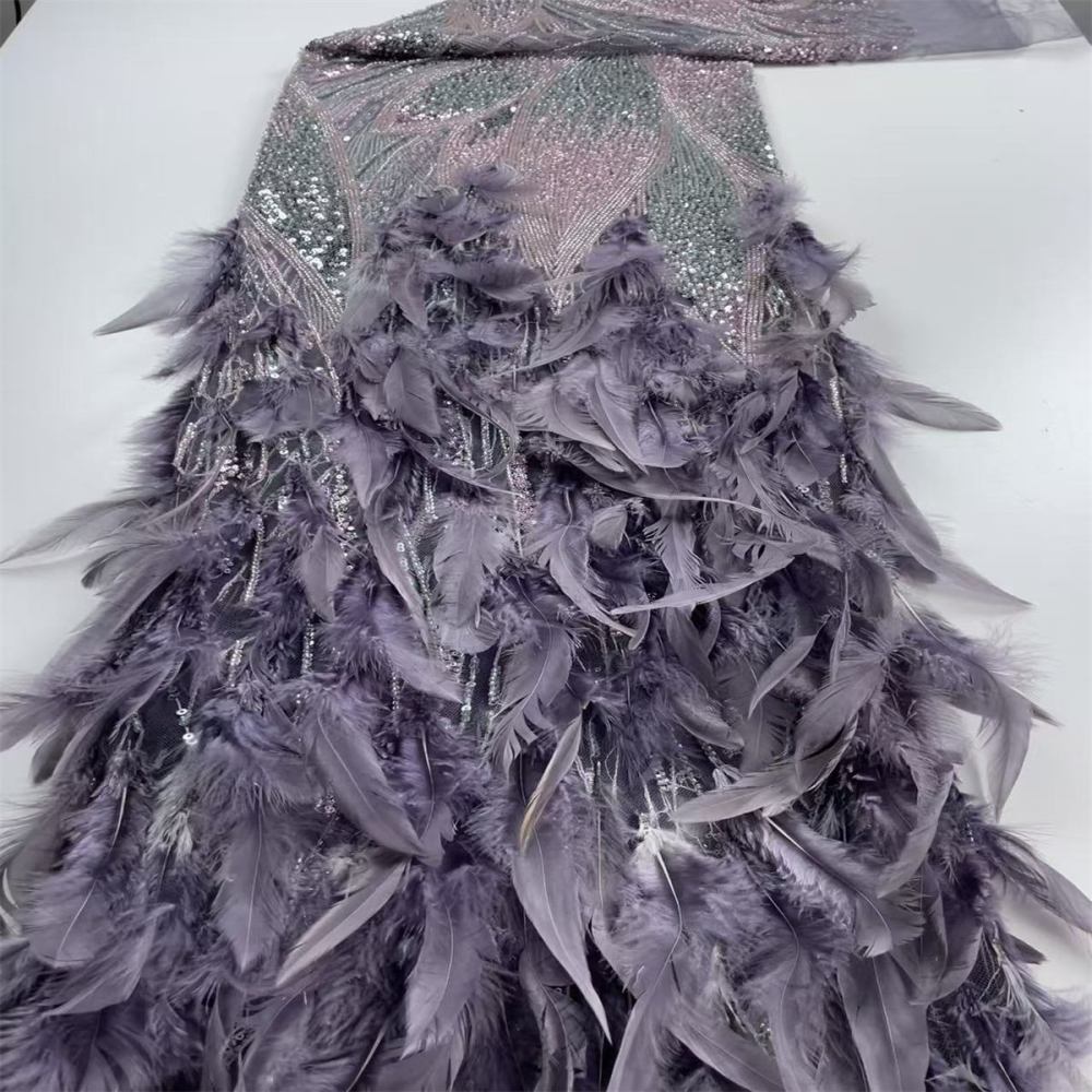 Beaded Tulle Feather 3D Floral Fabric - 5 Yards | HY017