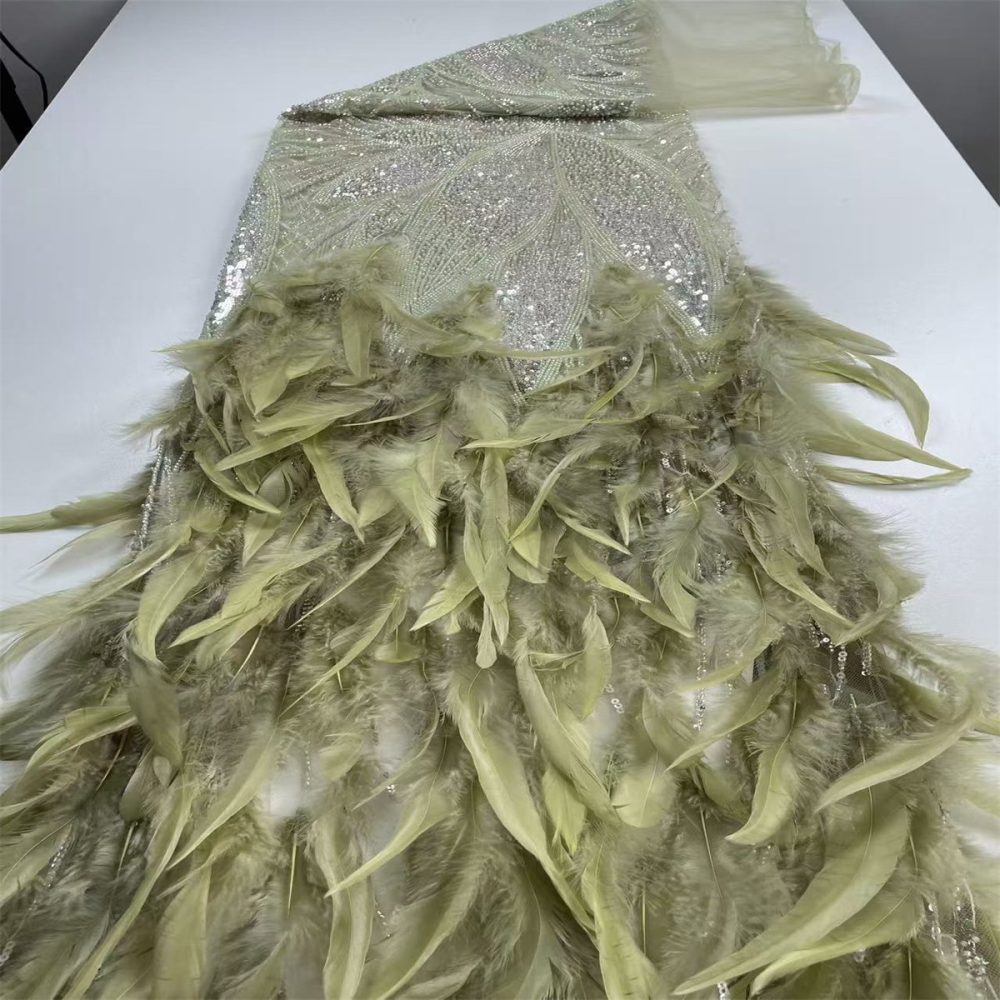 Beaded Tulle Feather 3D Floral Fabric - 5 Yards | HY017