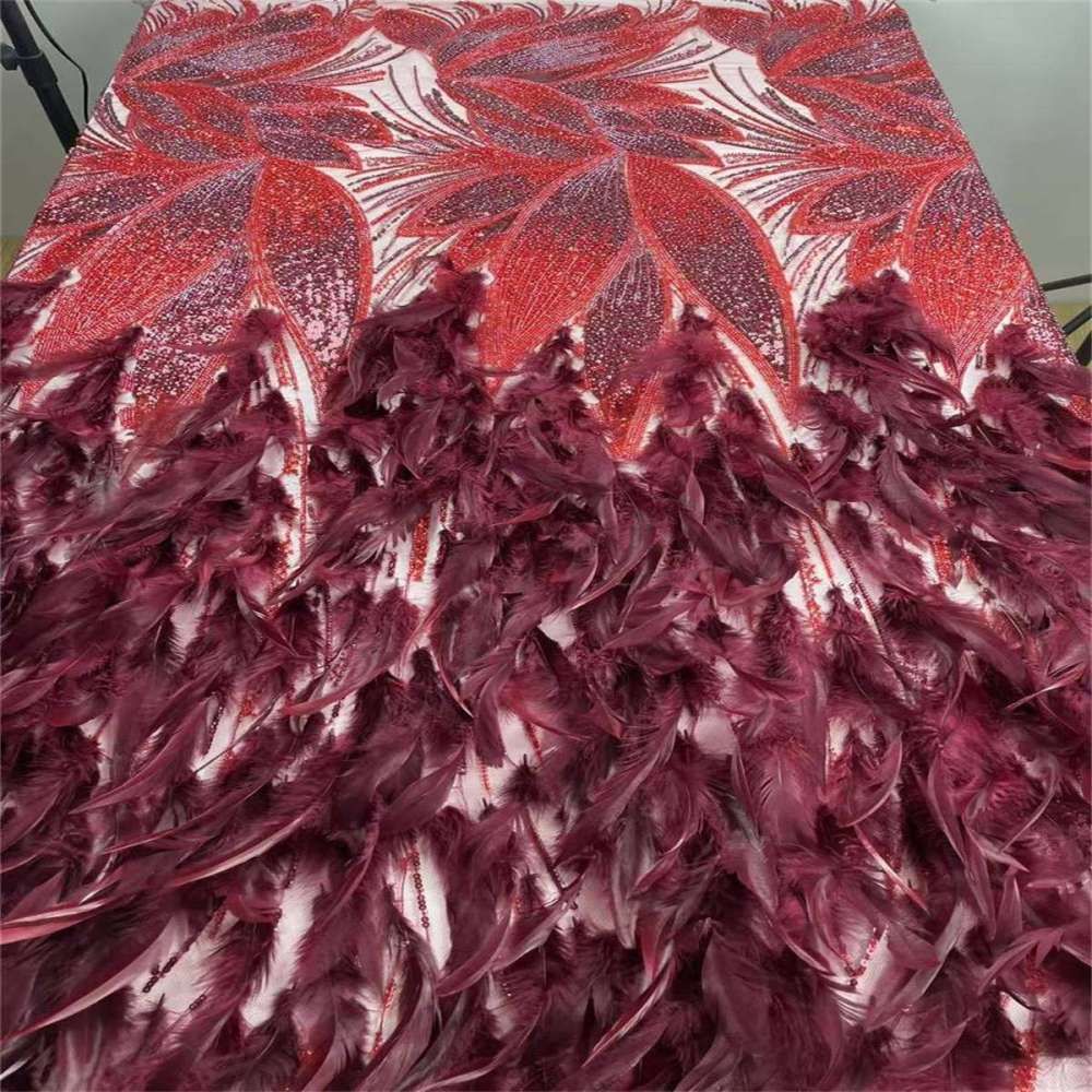 Beaded Tulle Feather 3D Floral Fabric - 5 Yards | HY017