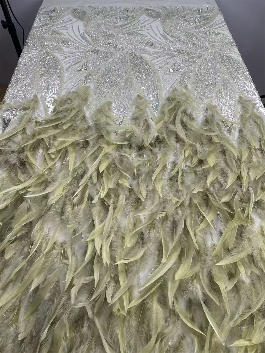 Beaded Tulle Feather 3D Floral Fabric - 5 Yards | HY017