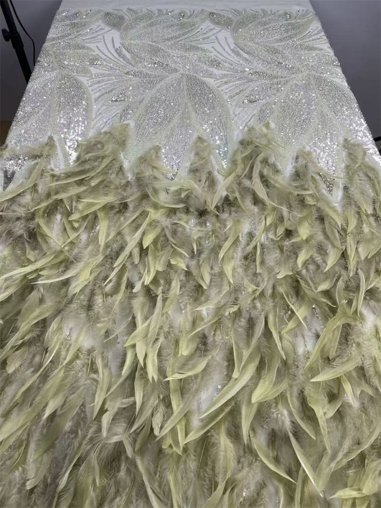 Beaded Tulle Feather 3D Floral Fabric - 5 Yards | HY017