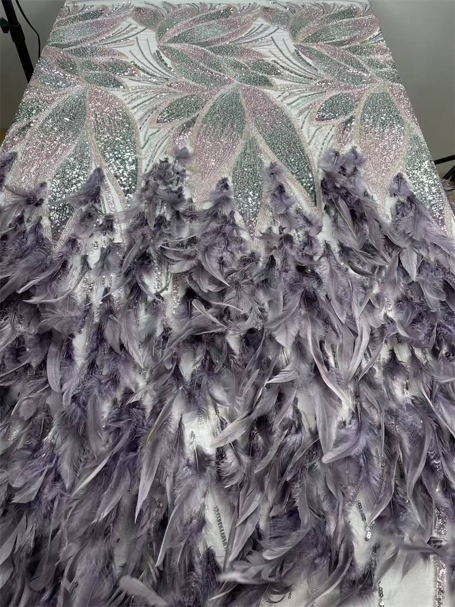 Beaded Tulle Feather 3D Floral Fabric - 5 Yards | HY017