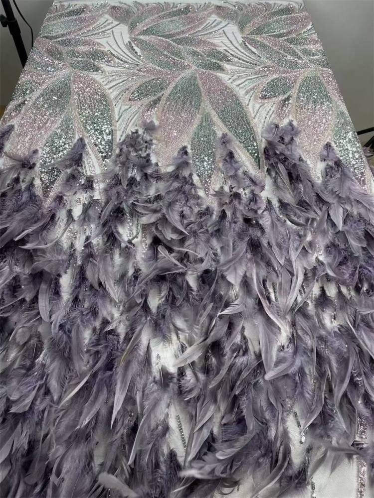 Beaded Tulle Feather 3D Floral Fabric - 5 Yards | HY017
