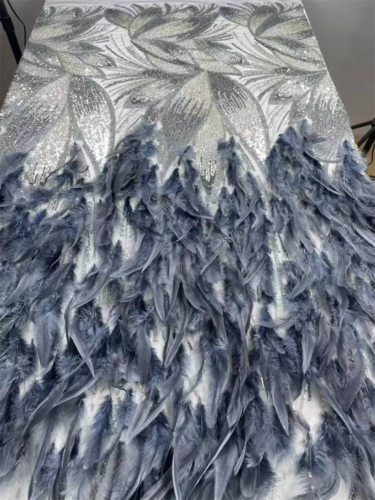 Beaded Tulle Feather 3D Floral Fabric - 5 Yards | HY017