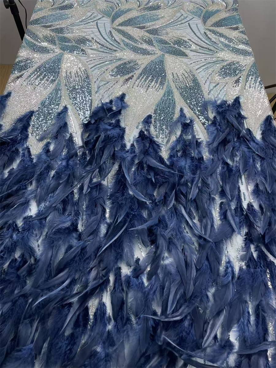 Beaded Tulle Feather 3D Floral Fabric - 5 Yards | HY017