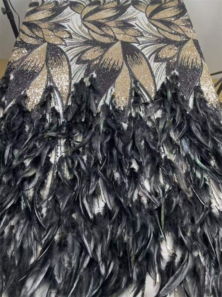 Beaded Tulle Feather 3D Floral Fabric - 5 Yards | HY017