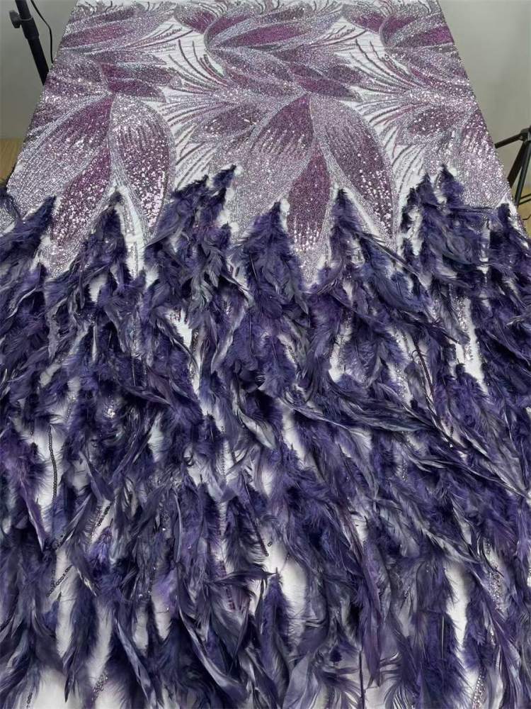 Beaded Tulle Feather 3D Floral Fabric - 5 Yards | HY017