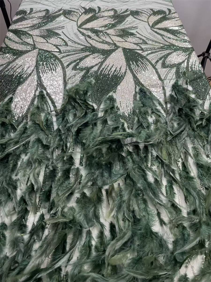 Beaded Tulle Feather 3D Floral Fabric - 5 Yards | HY017