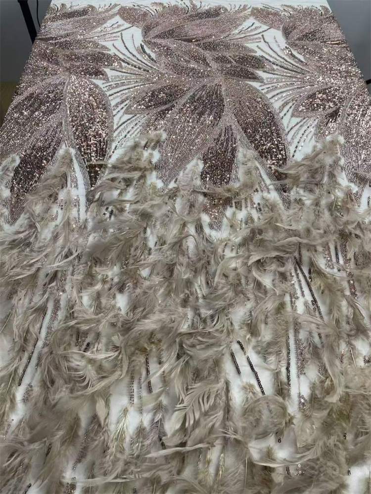 Beaded Tulle Feather 3D Floral Fabric - 5 Yards | HY017
