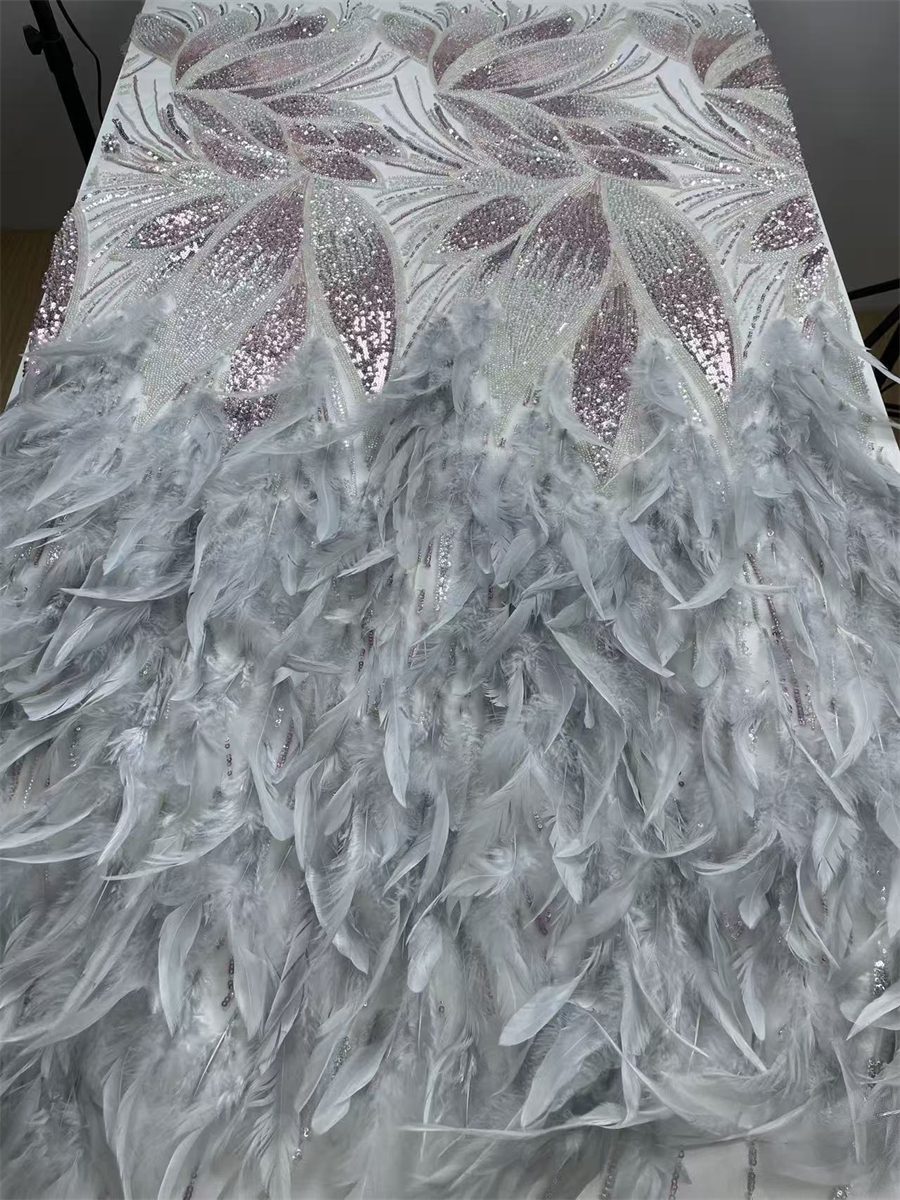 Beaded Tulle Feather 3D Floral Fabric - 5 Yards | HY017