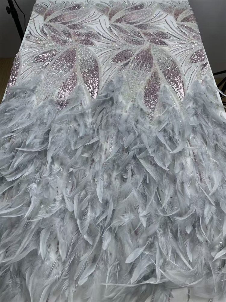 Beaded Tulle Feather 3D Floral Fabric - 5 Yards | HY017
