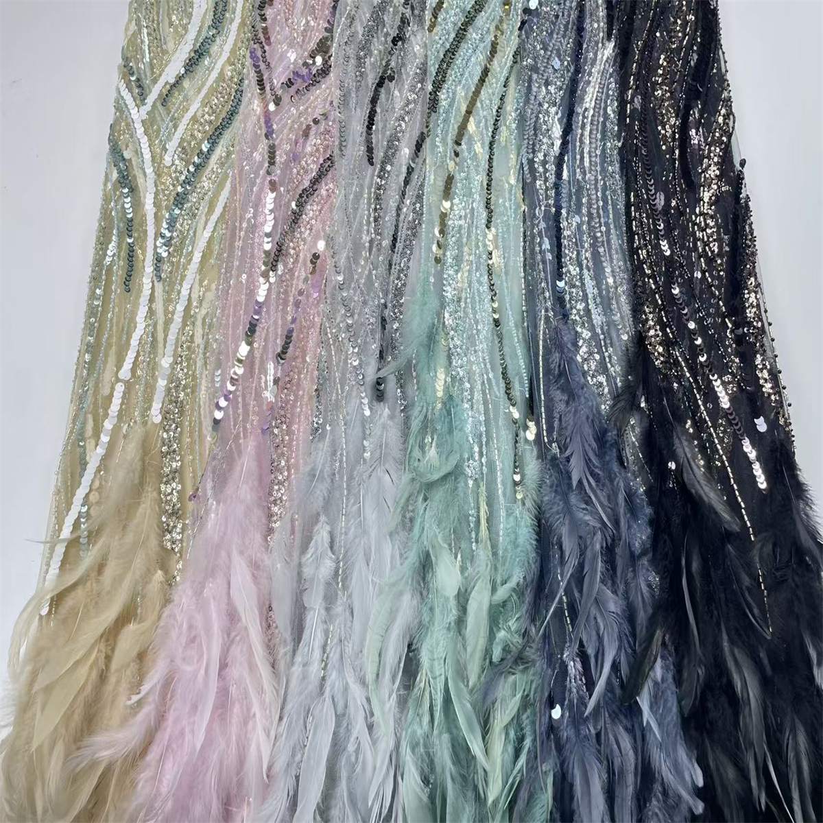 Beaded Tulle Feather 3D Floral Fabric - 5 Yards | HY019