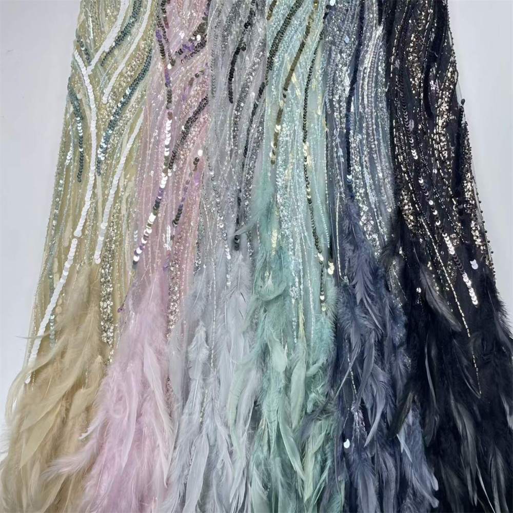 Beaded Tulle Feather 3D Floral Fabric - 5 Yards | HY019