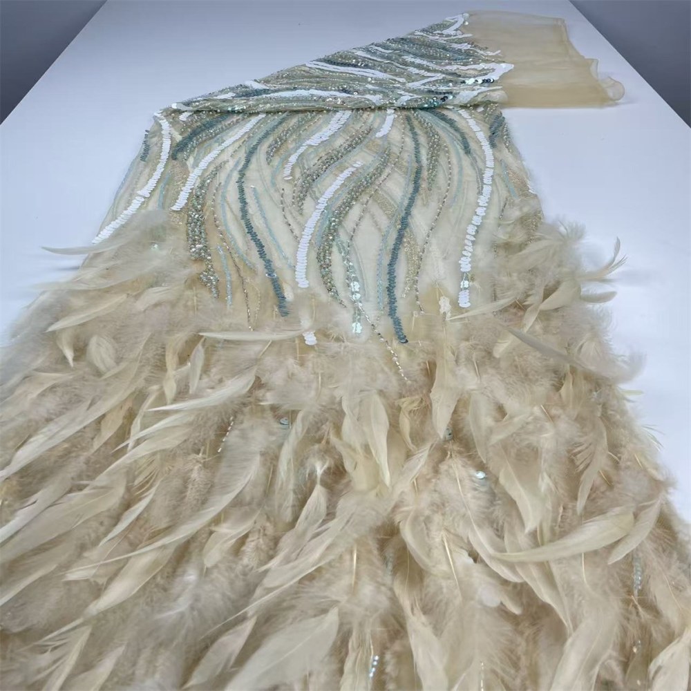 Beaded Tulle Feather 3D Floral Fabric - 5 Yards | HY019