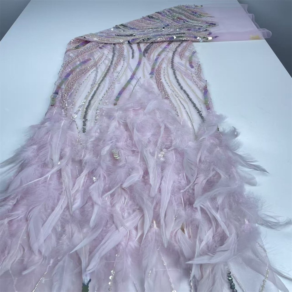 Beaded Tulle Feather 3D Floral Fabric - 5 Yards | HY019