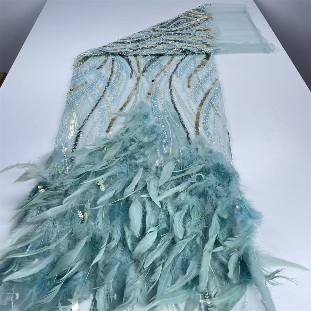 Beaded Tulle Feather 3D Floral Fabric - 5 Yards | HY019