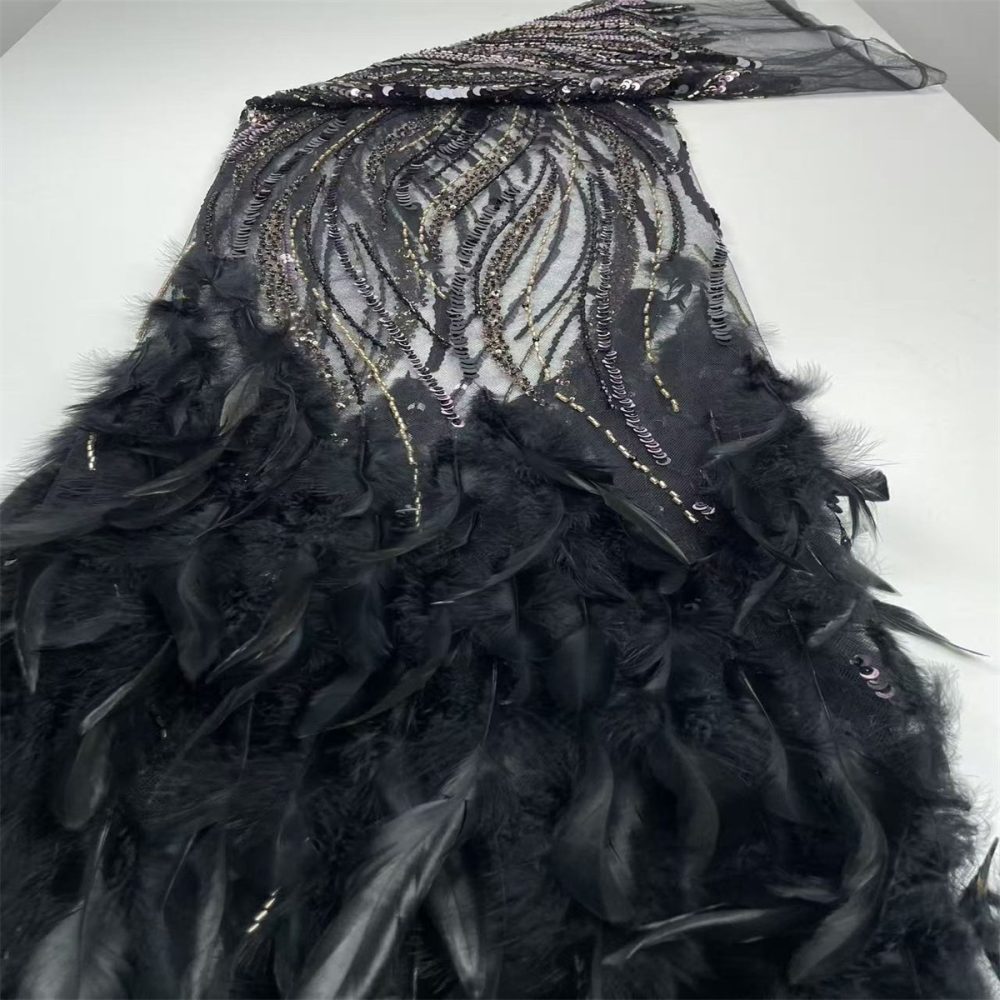 Beaded Tulle Feather 3D Floral Fabric - 5 Yards | HY019