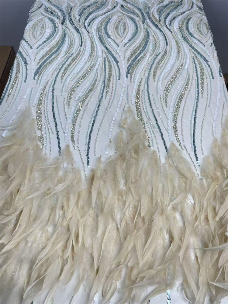 Beaded Tulle Feather 3D Floral Fabric - 5 Yards | HY019