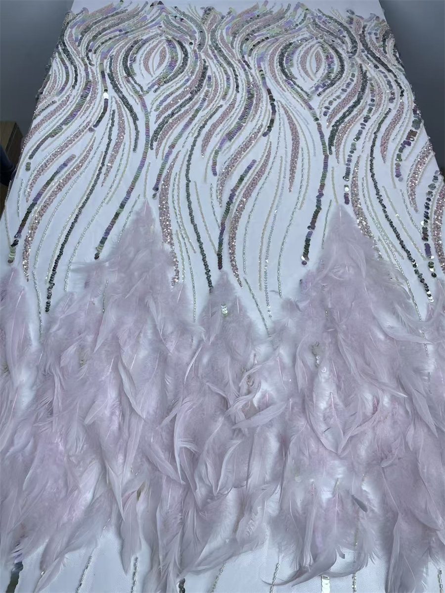 Beaded Tulle Feather 3D Floral Fabric - 5 Yards | HY019