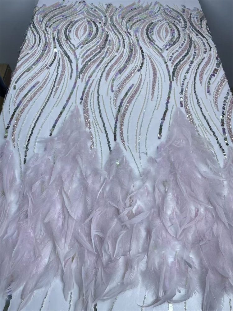 Beaded Tulle Feather 3D Floral Fabric - 5 Yards | HY019