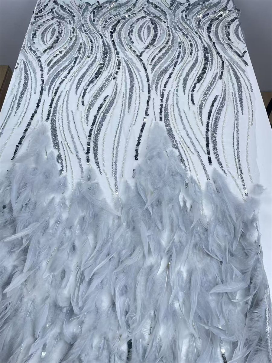 Beaded Tulle Feather 3D Floral Fabric - 5 Yards | HY019