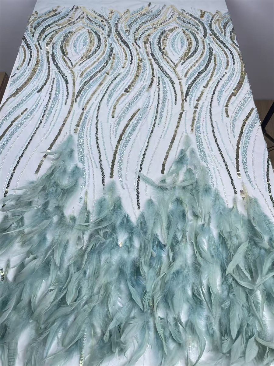 Beaded Tulle Feather 3D Floral Fabric - 5 Yards | HY019