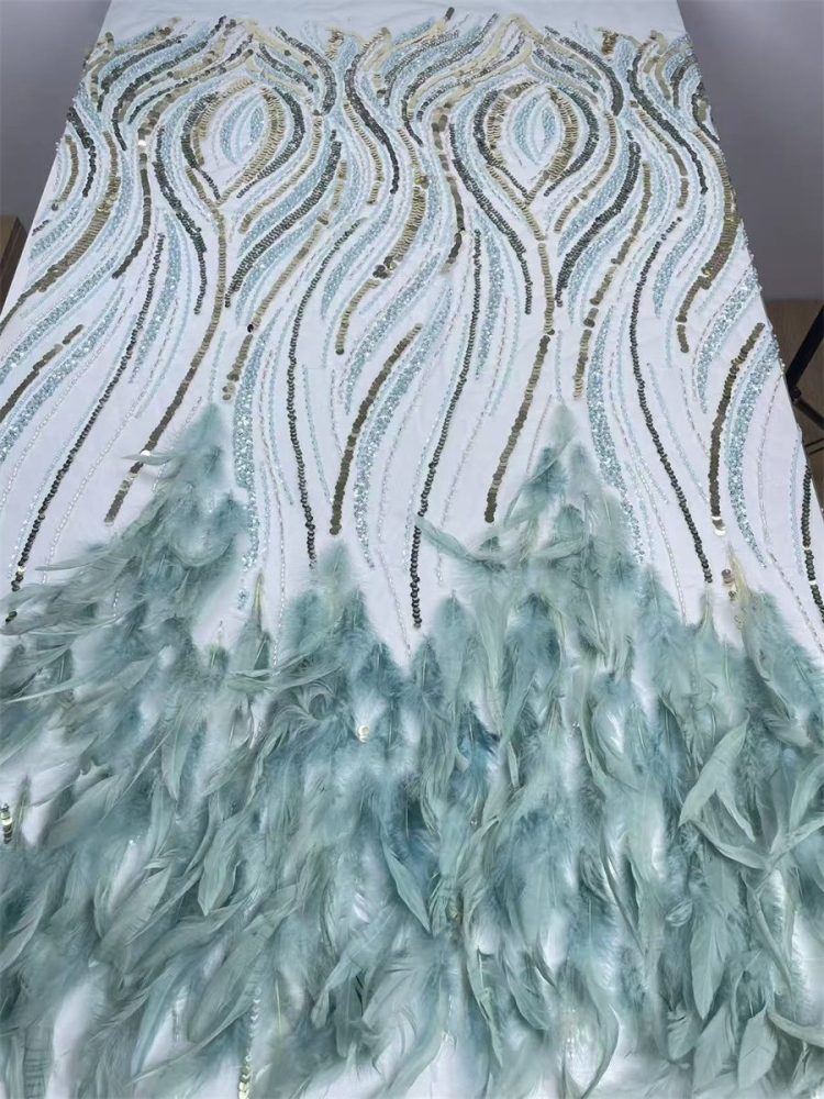 Beaded Tulle Feather 3D Floral Fabric - 5 Yards | HY019