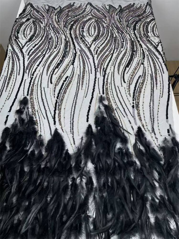 Beaded Tulle Feather 3D Floral Fabric - 5 Yards | HY019