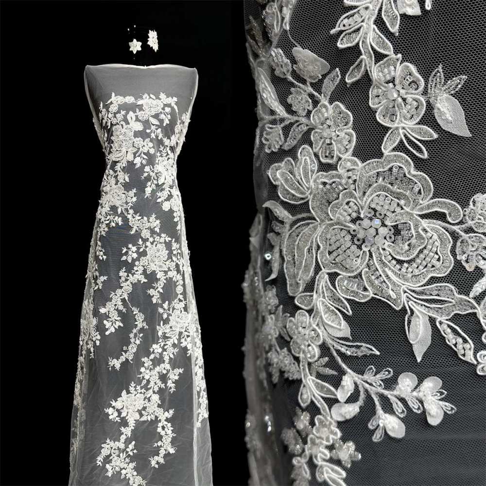 Beaded Tulle Fabric - 5 Yards - Embellished Fabric for Prom Dresses | HN777