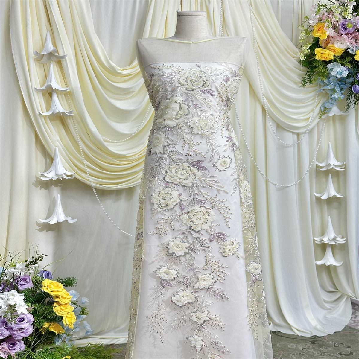 Beaded Tulle Fabric - 5 Yards - Embellished Fabric for Prom Dresses | HN784