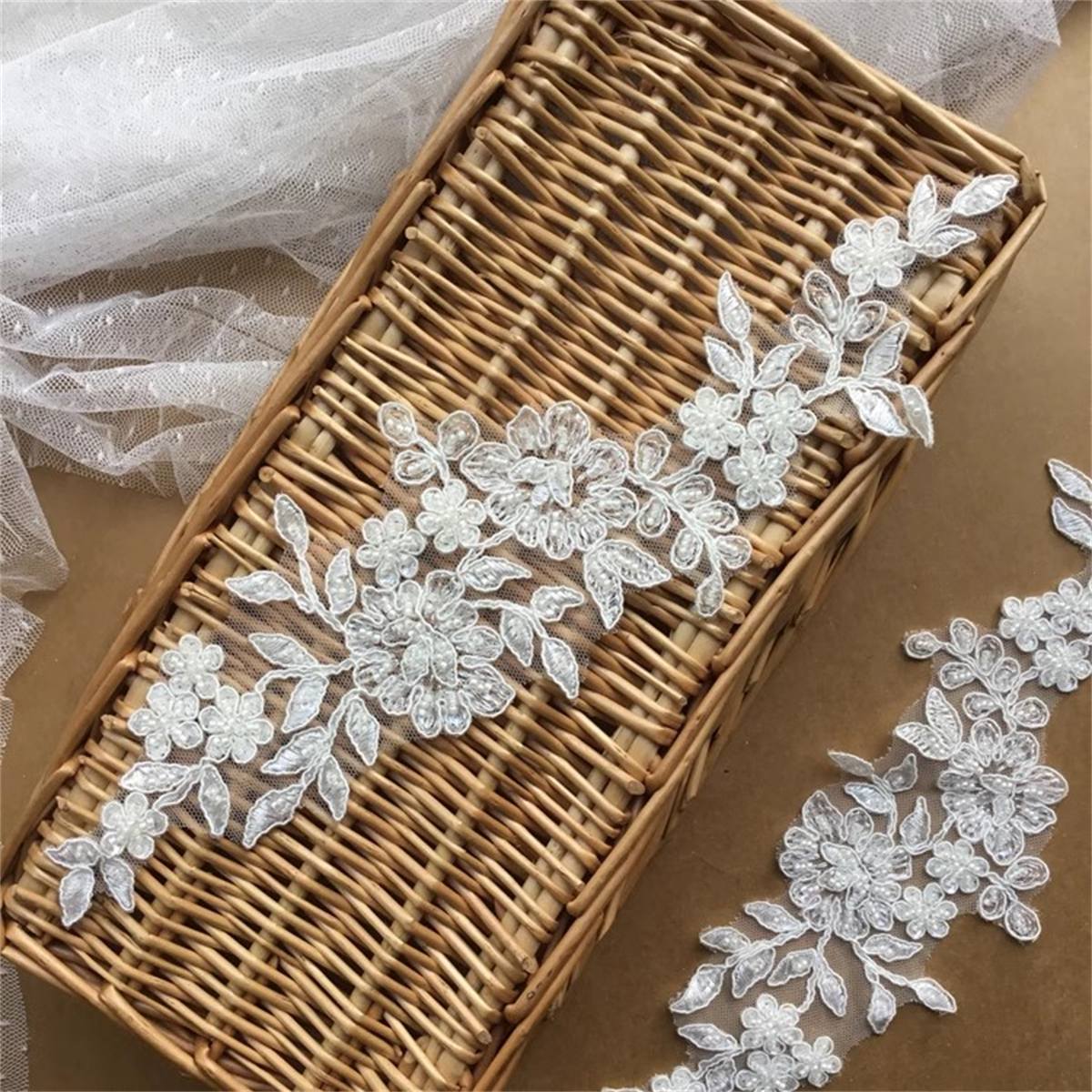 Bridal Lace Applique - 2 Pieces - Corded Beaded Embroidered Wedding Lace Applique