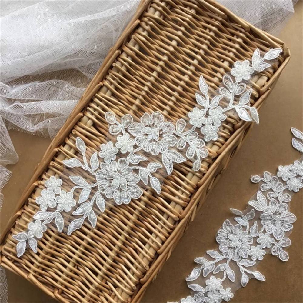 Bridal Lace Applique - 2 Pieces - Corded Beaded Embroidered Wedding Lace Applique