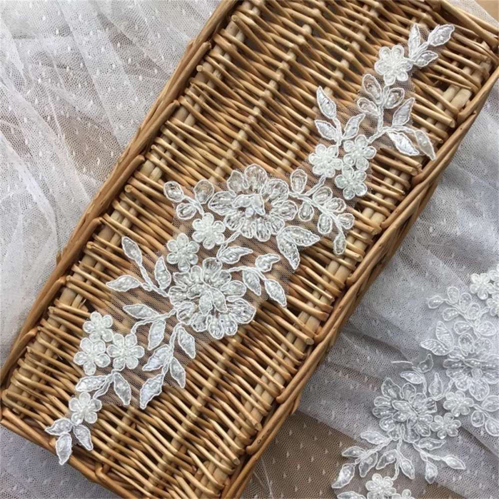 Bridal Lace Applique - 2 Pieces - Corded Beaded Embroidered Wedding Lace Applique