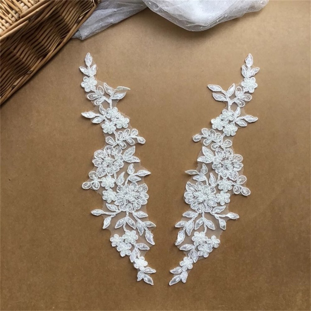 Bridal Lace Applique - 2 Pieces - Corded Beaded Embroidered Wedding Lace Applique