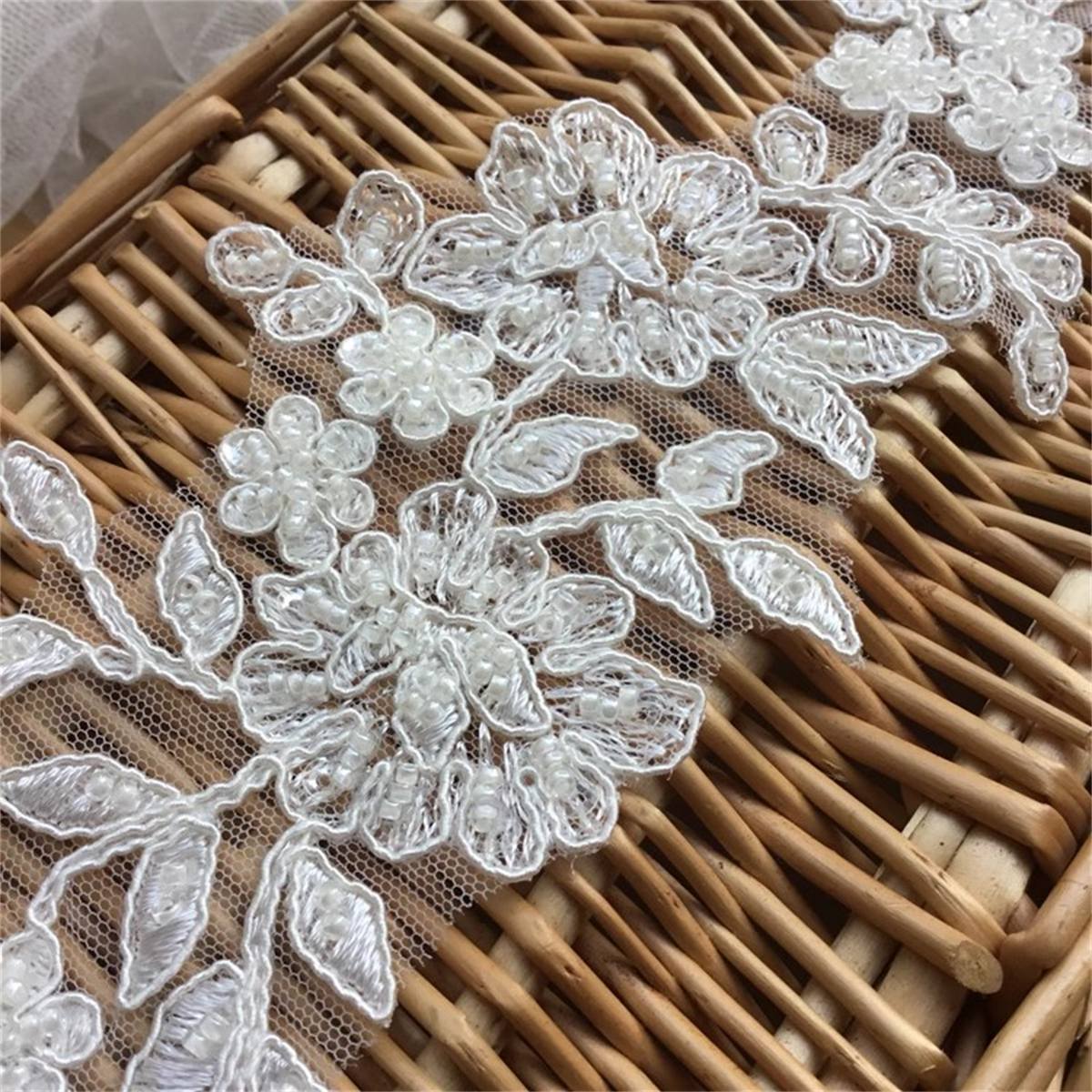 Bridal Lace Applique - 2 Pieces - Corded Beaded Embroidered Wedding Lace Applique