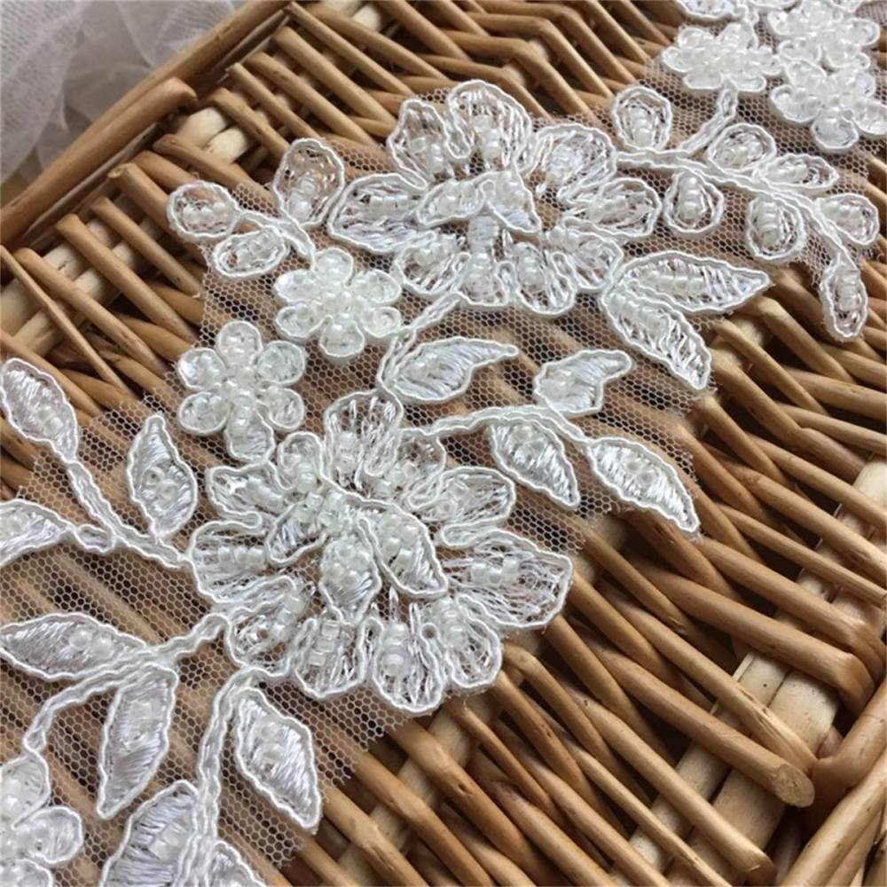 Bridal Lace Applique - 2 Pieces - Corded Beaded Embroidered Wedding Lace Applique