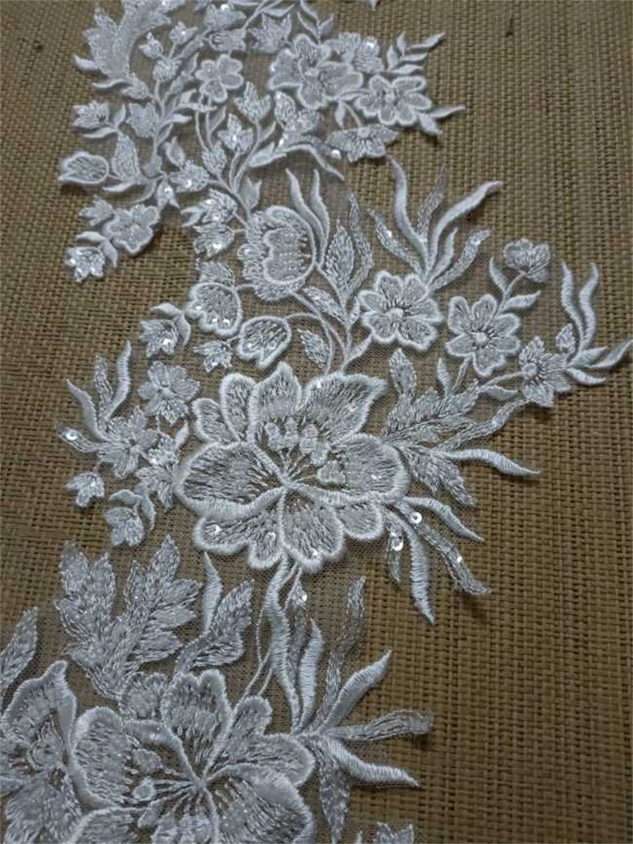 Bridal Lace Applique - 1 Piece - Embroidered Beaded Wedding Lace Applique
