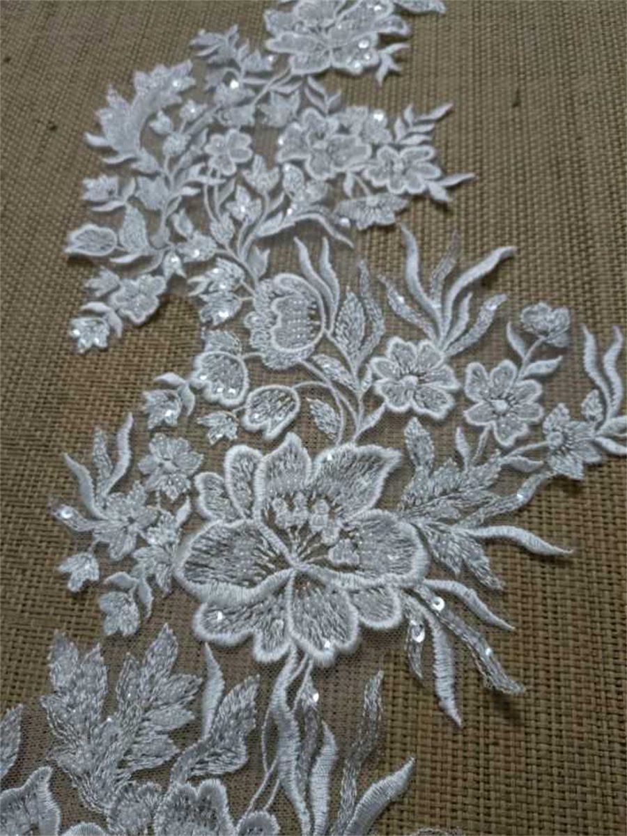 Bridal Lace Applique - 1 Piece - Embroidered Beaded Wedding Lace Applique