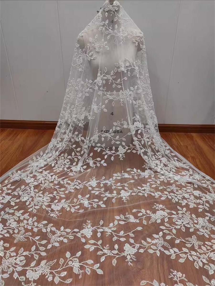 Bridal Lace Fabric - 1 Yard - Embroidered Beaded Wedding Lace Fabric | Ref. RX009