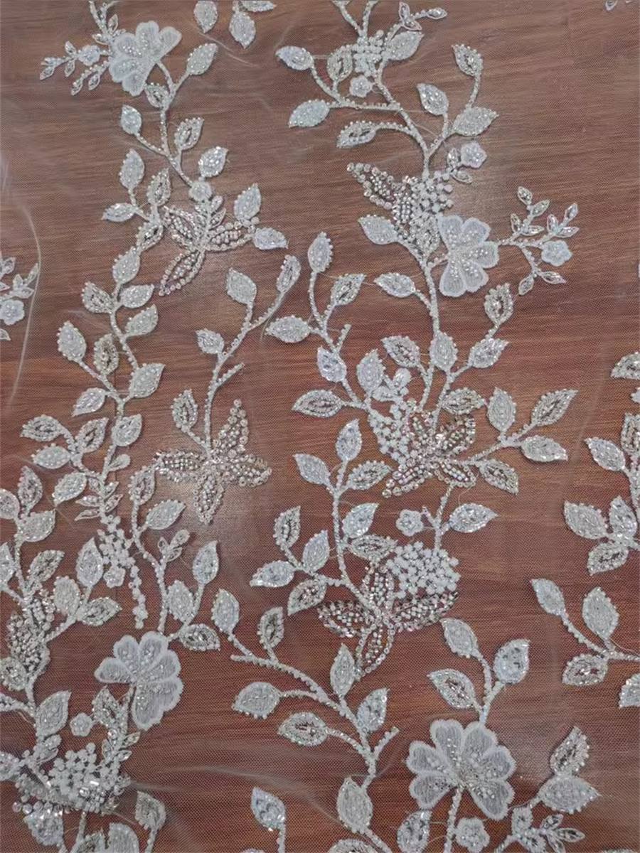 Bridal Lace Fabric - 1 Yard - Embroidered Beaded Wedding Lace Fabric | Ref. RX009
