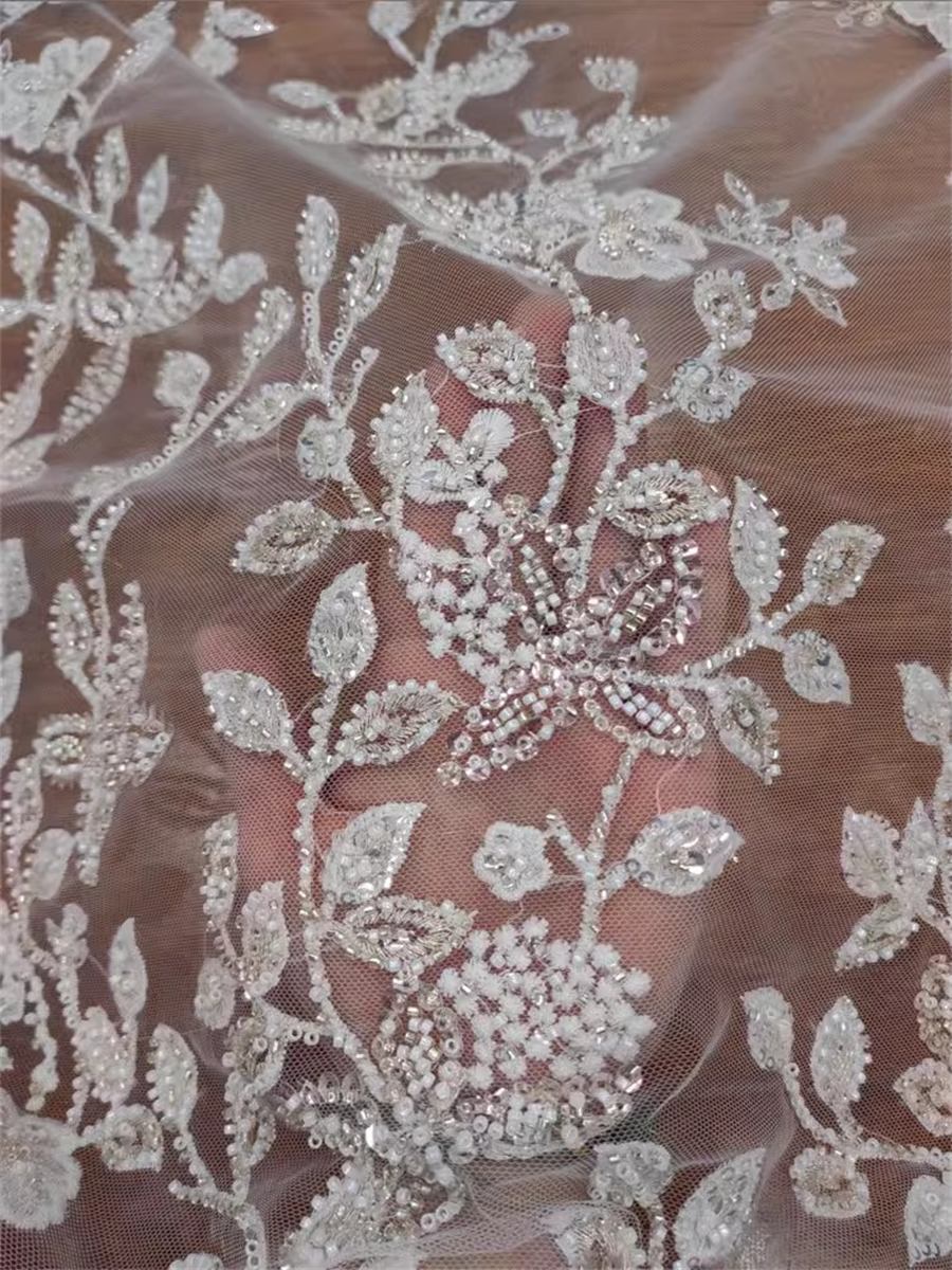 Bridal Lace Fabric - 1 Yard - Embroidered Beaded Wedding Lace Fabric | Ref. RX009