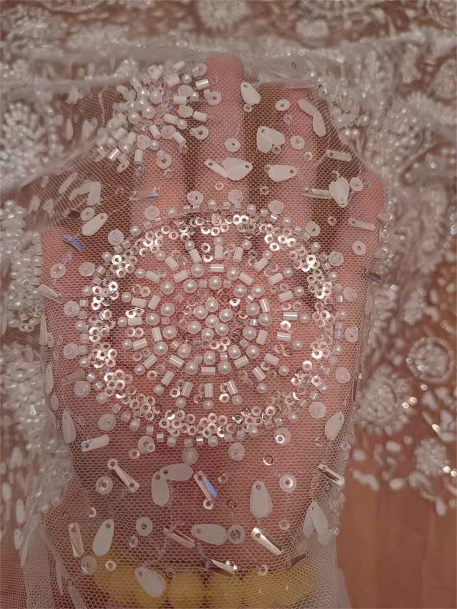 Bridal Lace Fabric - 1 Yard - Beaded Wedding Lace Fabric | COD RX083