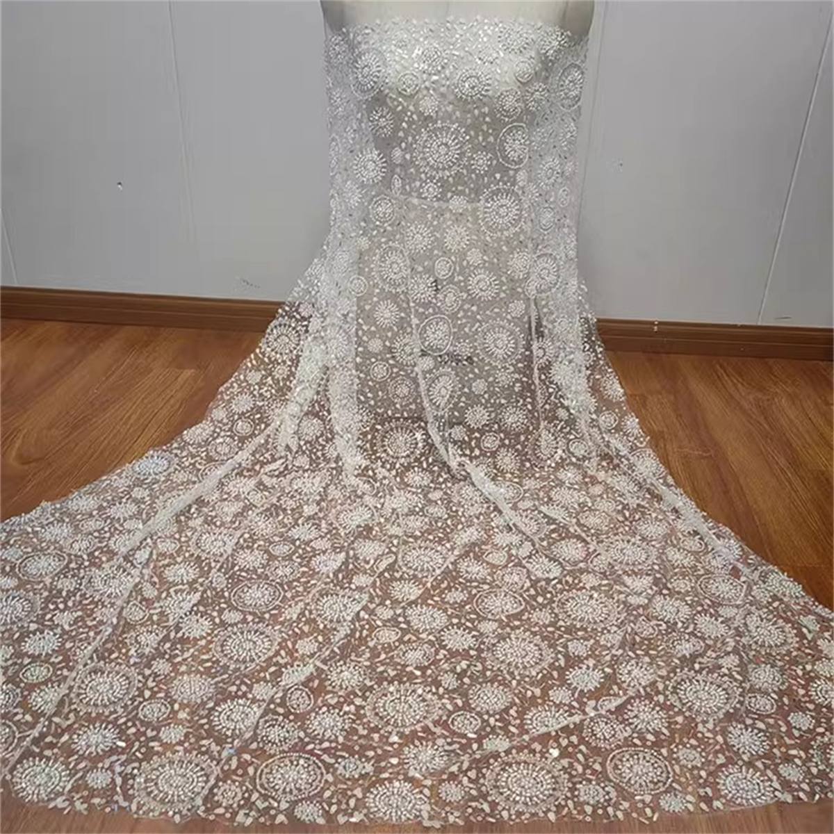 Heavily Sequined Beaded Embroidered Bridal Lace Fabric RX083