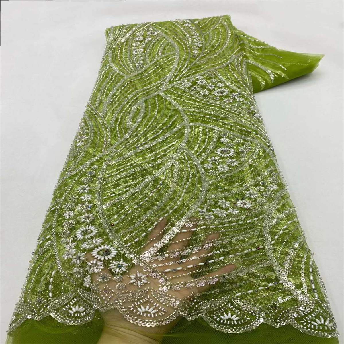 Beaded Tulle Fabric - 5 Yards - Embellished Fabric for Prom Dresses | JX328