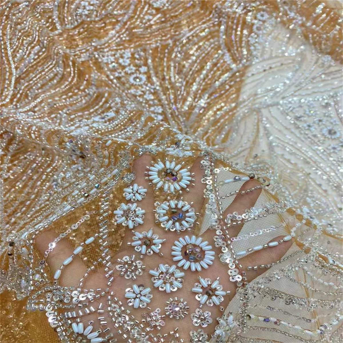 Beaded Tulle Fabric - 5 Yards - Embellished Fabric for Prom Dresses | JX328