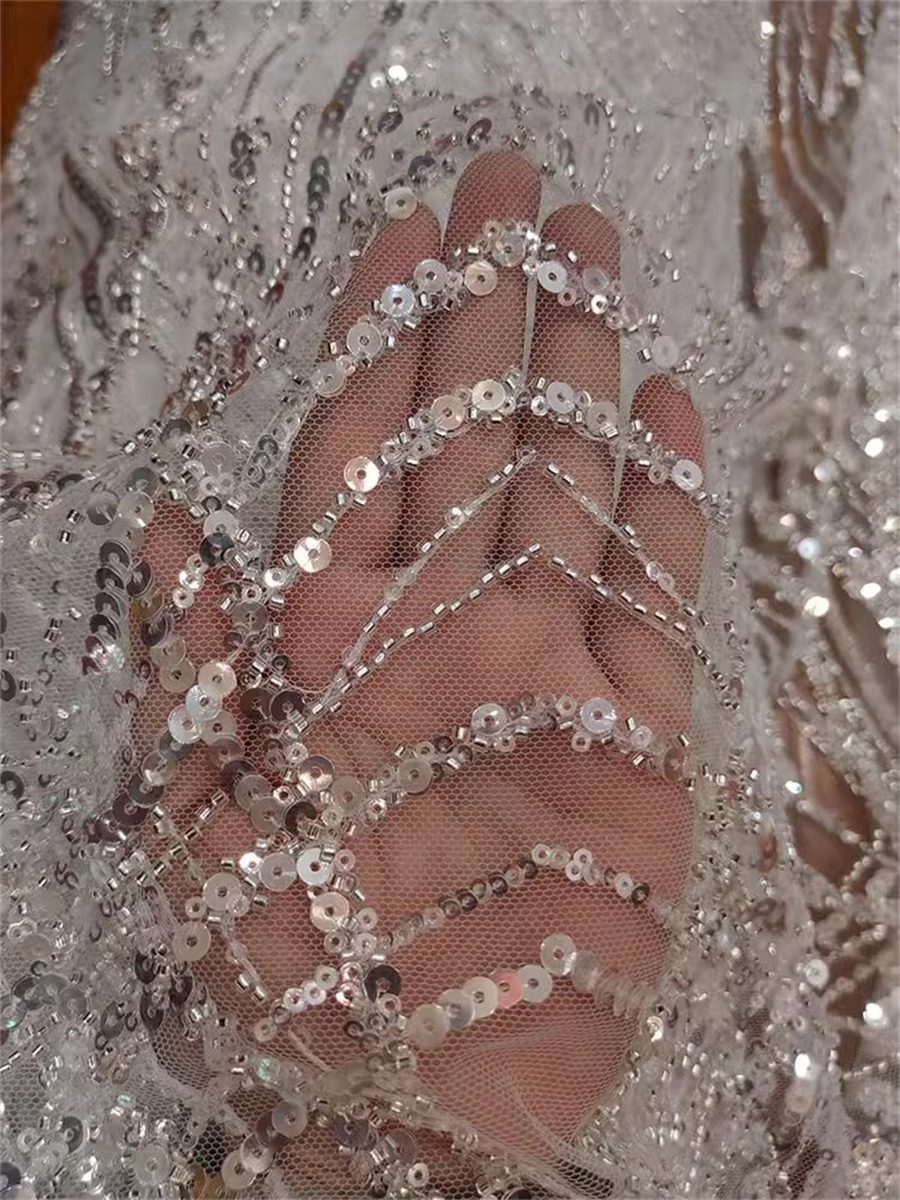 Bridal Lace Fabric - 1 Yard - Beaded Wedding Lace Fabric | COD RX010