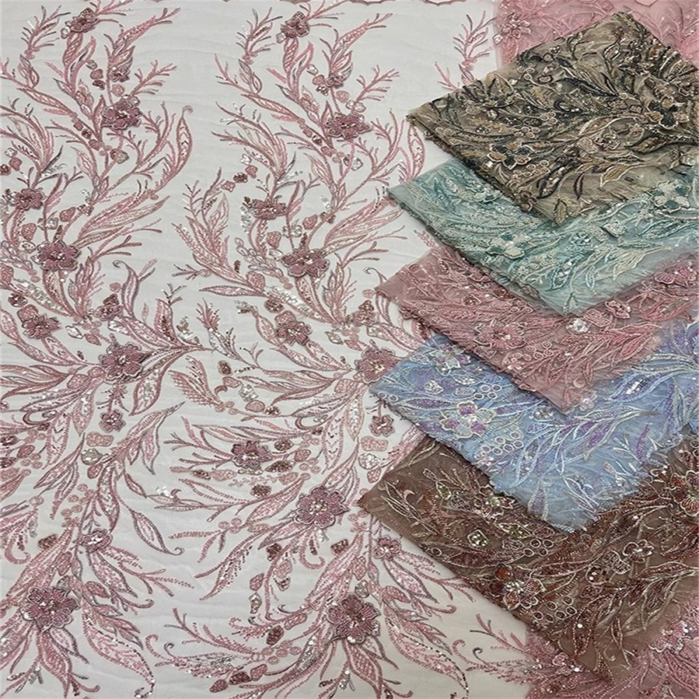 5 Yards Beaded Embroidered Lace Material Fabric For Dresses