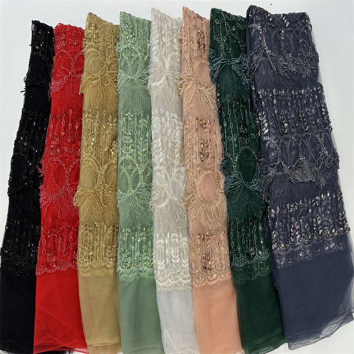 5 Yards Colored Tulle Sequined Beaded Tassels/Fringe/Edging Embroidered Lace Fabric JJ019